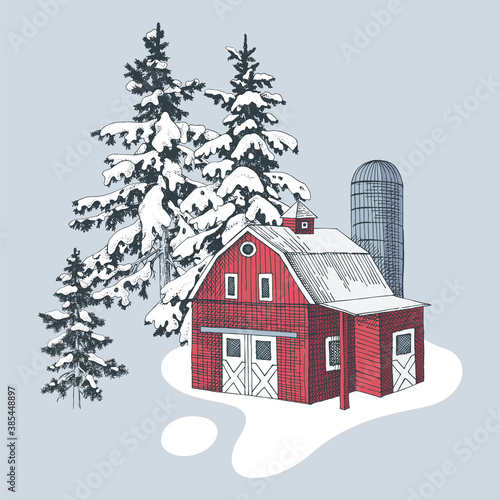 Hand drawn winter landscape with farm