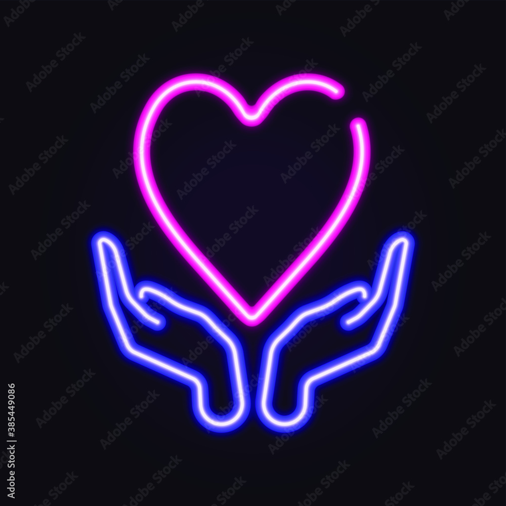 Vector neon charity symbol. Neon hearts and hands on dark background. Ready for your design, greeting card, banner. Vector illustration. Vector neon charity symbol. Neon hearts and hands on dark background. Ready for your design, greeting card, banner. Vector illustration.