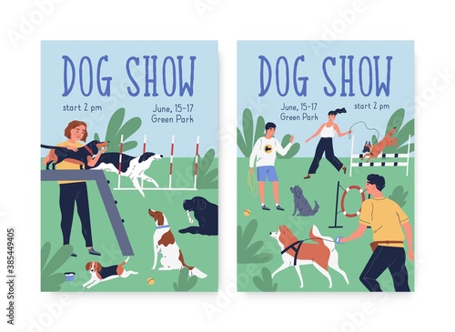 Advertising posters for dog agility show. Cynologist training performance at playground. Vertical placards for pet competition. Scene with trained puppies. Vector illustration in flat cartoon style