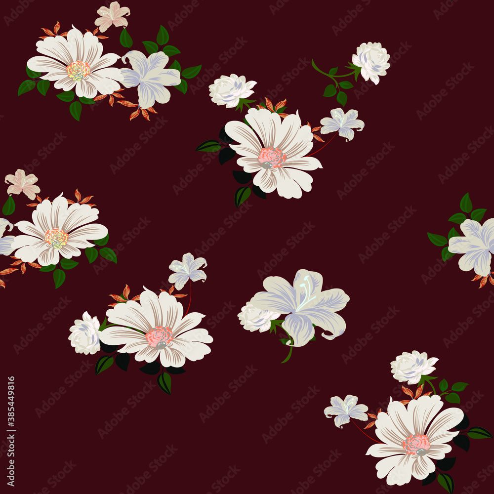 seamless vector flowers pattern on red  background