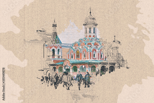 Photography Color drawing pencil of Red Square. Moscow, Russia landmark.