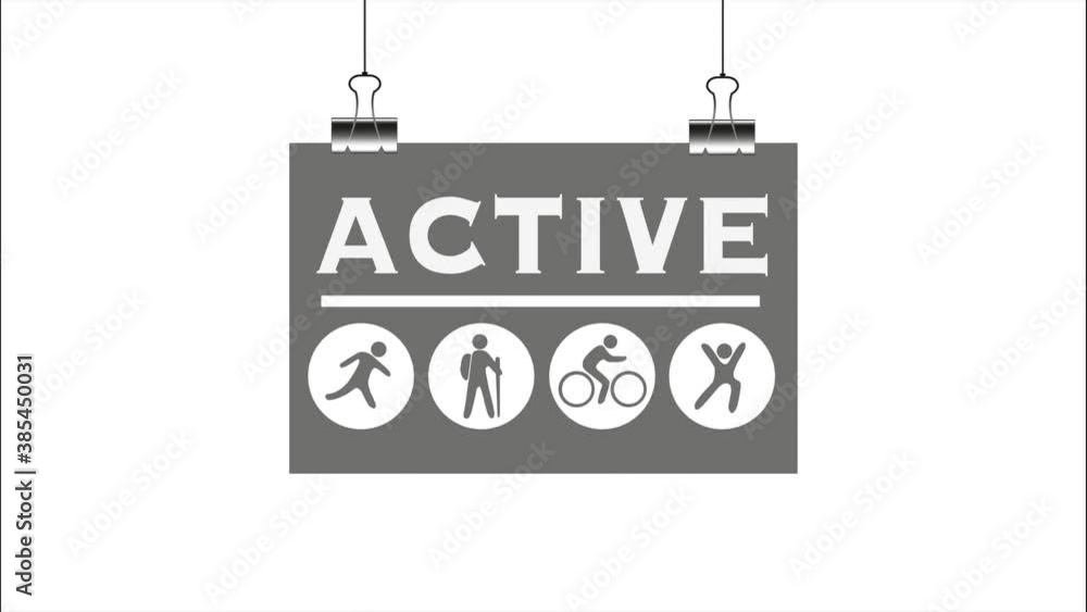 Activity icons set with ACTIVE word banner hanging on clamps Activity icons set with ACTIVE word banner hanging on clamps