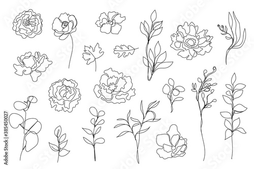 Vector set of hand drawn, single continuous line flowers, leaves. Art floral elements. Use for t-shirt prints, logos, cosmetics