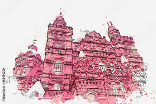 Watercolor drawing picture of Red Square. Moscow, Russia landmark.