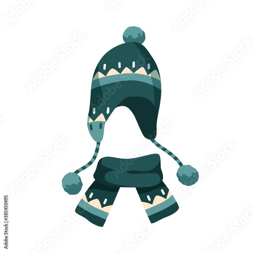 Ornamented knitted childish chullo and scarf. Winter green earflap hat with pompom for children. Warm knitted headwear for kids. Flat vector cartoon illustration isolated on white background