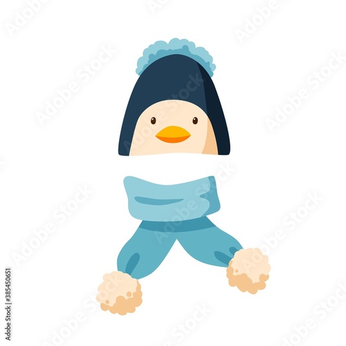 Childish bobble hat and plush scarf. Winter penguin cap with pompom for children. Flat vector cartoon illustration of warm seasonal headdress for kids isolated on white background