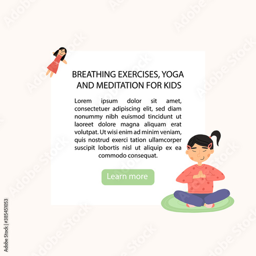 Kids breathing exercise or yoga learning banner. Girl meditates in lotus or padmasana pose,her hands folded at the heart