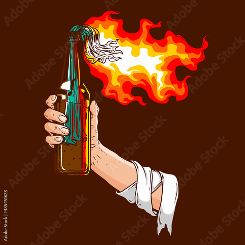 illustration of a hand holding a molotov bottle