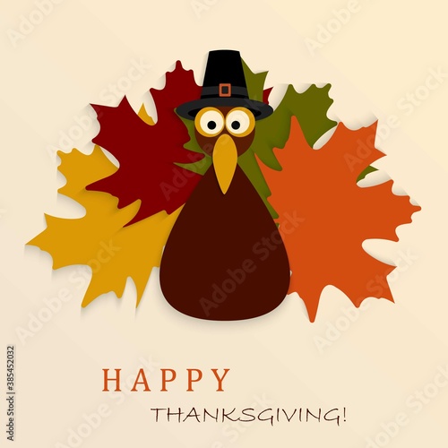 Happy Thanksgiving Card with Thanksgiving Turkey and autumn leave