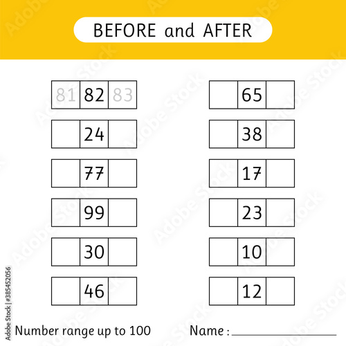 Fill in the missing numbers. Before and after. Number range up to 100. Mathematic. Worksheets for kids