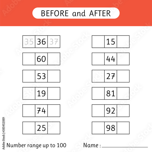 Fill in the missing numbers. Before and after. Number range up to 100. Mathematics. Worksheets for kids