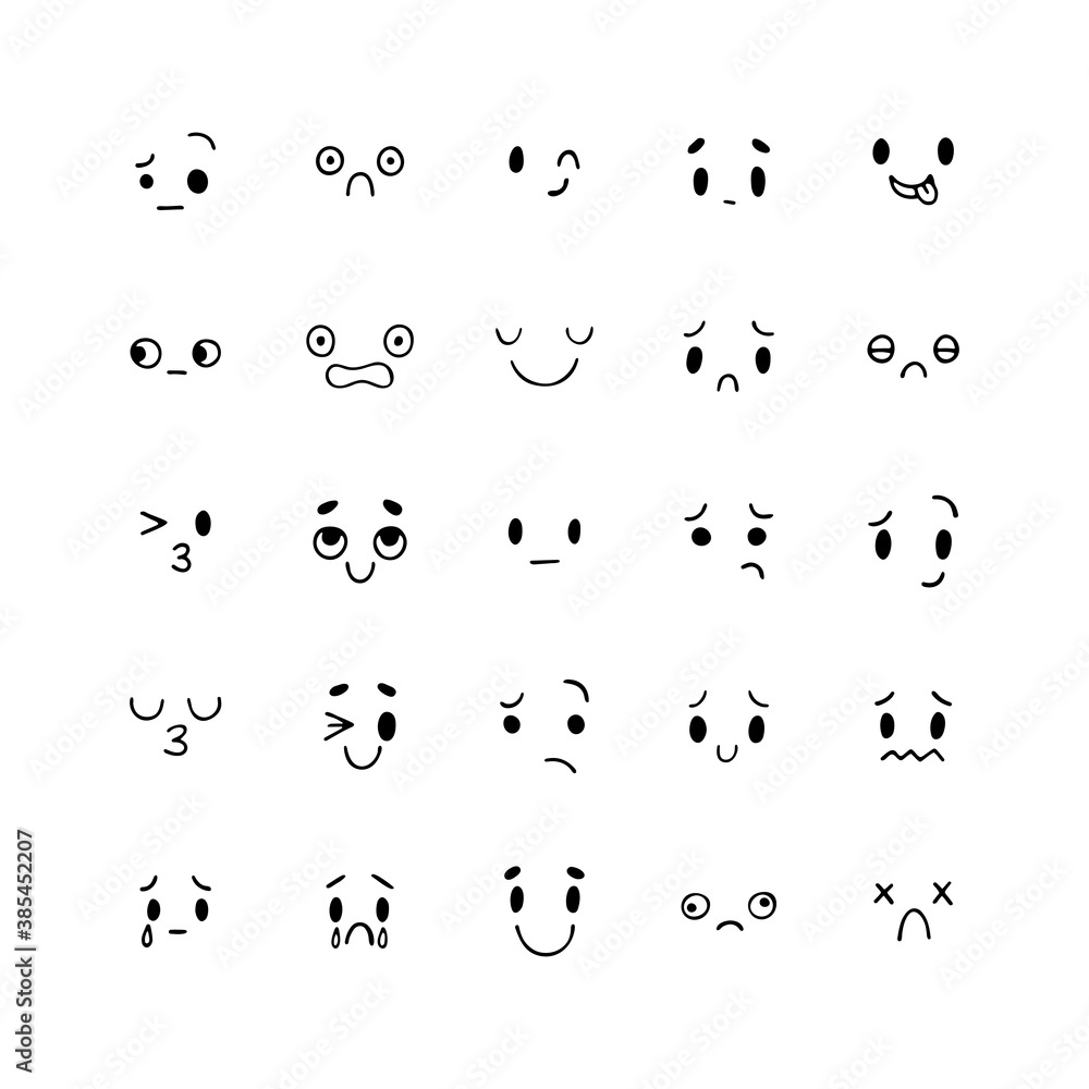 Hand drawn funny smiley faces. Sketched facial expressions set. Collection of cartoon emotional characters. Happy kawaii style. Emoji icons