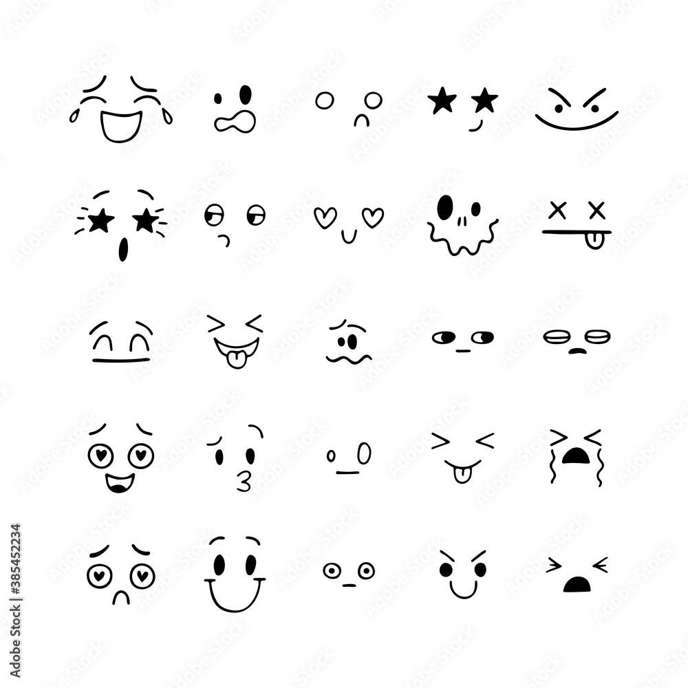 Hand drawn funny smiley faces. Sketched facial expressions set. Happy kawaii style. Emoji icons. Collection of cartoon emotional characters Hand drawn funny smiley faces. Sketched facial expressions set. Happy kawaii style. Emoji icons. Collection of cartoon emotional characters