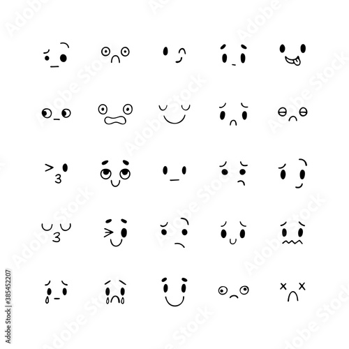 Hand drawn funny smiley faces. Sketched facial expressions set. Collection of cartoon emotional characters. Happy kawaii style. Emoji icons