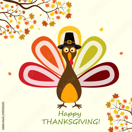 Happy Thanksgiving Card with Thanksgiving Turkey and autumn leave.
