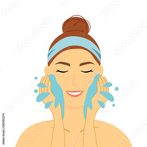 Woman washing face with facial foam and pure water. Cleaning face with skin care product. Spa beauty and health care concept.