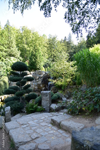 Beautiful Japanese garden, wonderful trees, plants, water and stones on a summer day.
