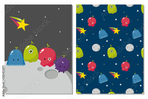 Set of cute hand drawn monster aliens with seamless pattern background . Flat hand drawn illustration kid's poster banner 
