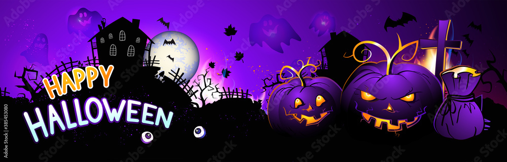 Vector illustration with pumpkins head, sinister castle, bats and text on nightly background with full moon. Happy halloween