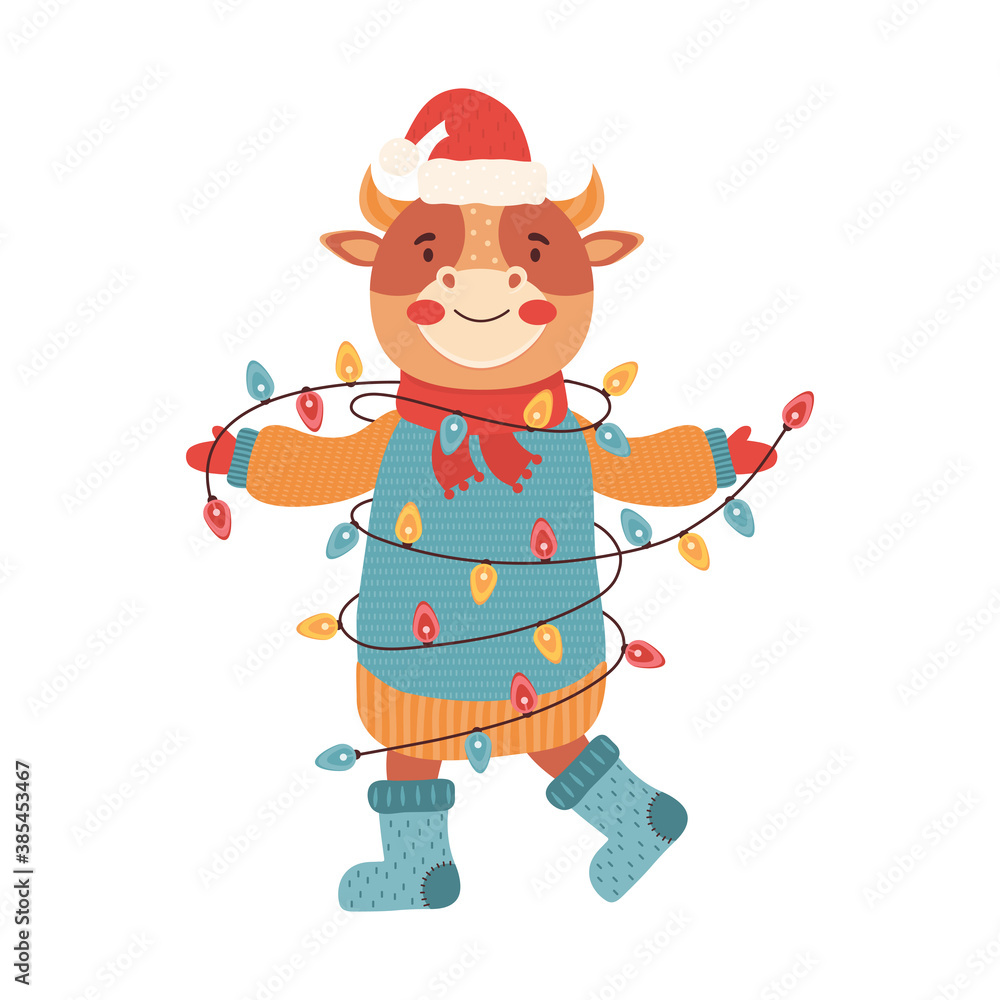 Funny cartoon baby bull with a Santa hat and a sparkling holiday garland. Symbol new year 2021. Cute ox in winter clothes. Animal character cow, Buffalo, calf. Happy Christmas flat vector illustration Funny cartoon baby bull with a Santa hat and a sparkling holiday garland. Symbol new year 2021. Cute ox in winter clothes. Animal character cow, Buffalo, calf. Happy Christmas flat vector illustration