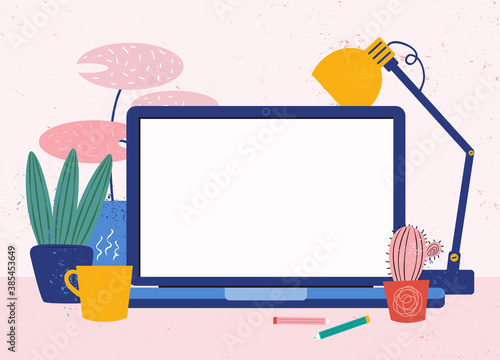 Home workplace. Cozy desktop with a laptop, coffee, lamp, stationery, indoor plants. Work at home. Blank screen on the laptop monitor for your text. Vector flat illustration. Editable template banner.