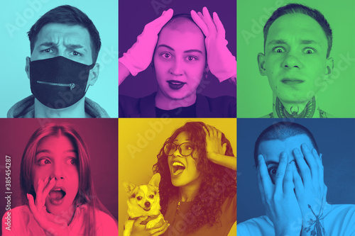 Collage of young people with bright facial expression on multicolored background. Trendy, modern duotone effect. Concept of human emotions. Copyspace for ad. People in halftones. Pop style.