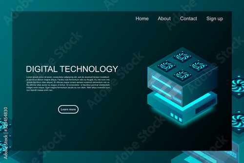 Concept of big data processing center, machine learning, cloud database, station of future, data mining, energy server. Digital technology, machine programming. Vector illustration.