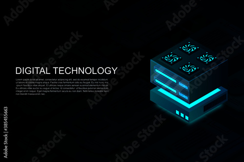 Concept of big data processing center, machine learning, cloud database, station of future, data mining, energy server. Digital technology, machine programming. Vector illustration.