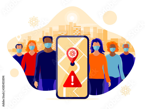 Smartphone health tracking location app with people wearing protection face mask to prevent covid coronavirus, disease, flu. Group person standing in city. Map location contact tracing mobile phone.