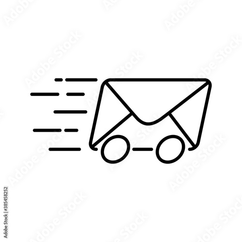 Icono plano lineal símbolo mandar mensaje con sobre con ruedas y velocidad en color negro