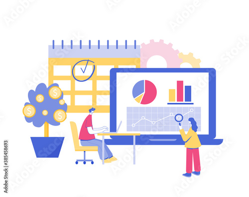 Return on investment concept. People research investment charts on laptop screen.