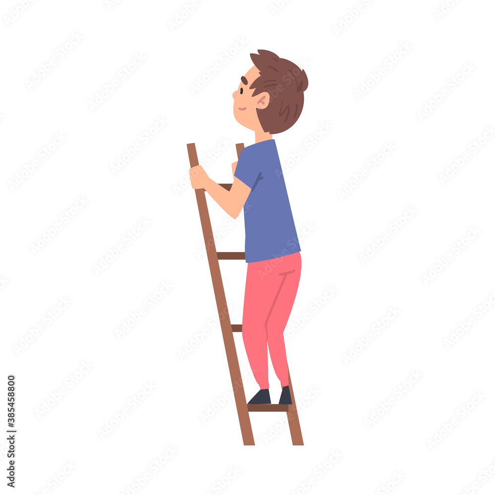 Cute Boy Climbing Up Ladder Cartoon Vector Illustration isolated on White Background.