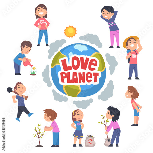 Love Planet Banner  Children Taking Care of Earth Planet  Environmental Protection Concept Cartoon Style Vector Illustration