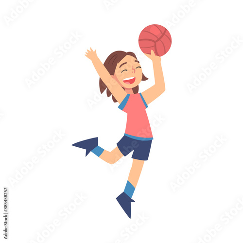 Cute Smiling Girl Playing Ball, Kid Doing Sports, Healthy Lifestyle Concept Cartoon Style Vector Illustration © topvectors
