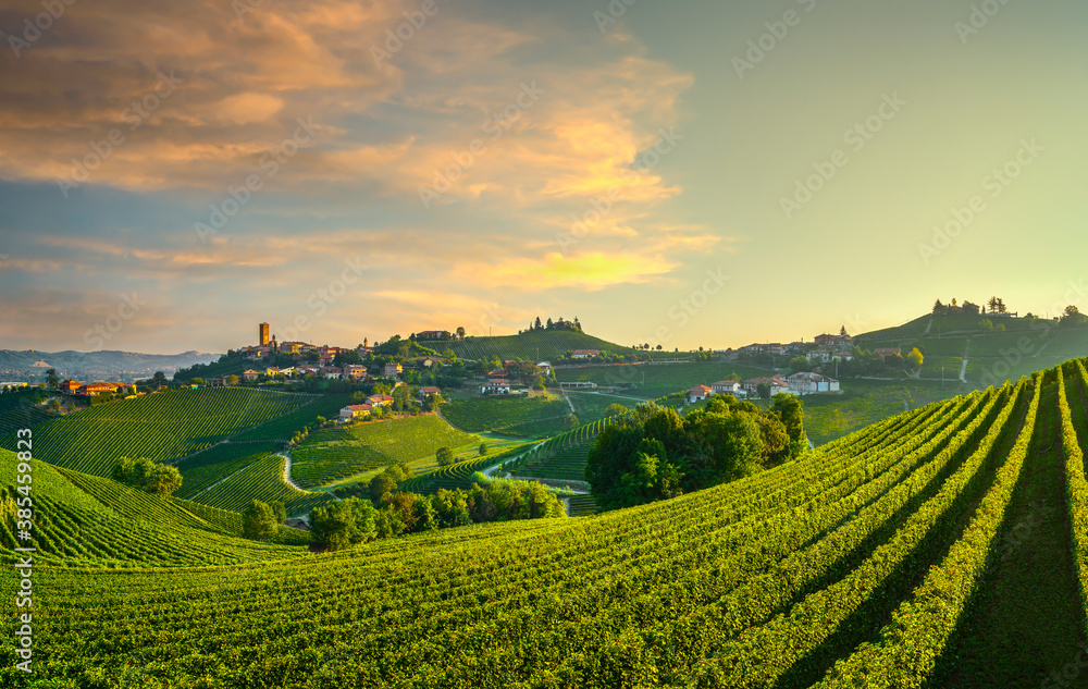 Barbaresco village and Langhe vineyards, Piedmont, Italy Europe.