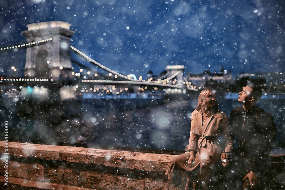 Fototapeta premium winter budapest bridge girl, winter view, woman tourist in budapest hungary in winter