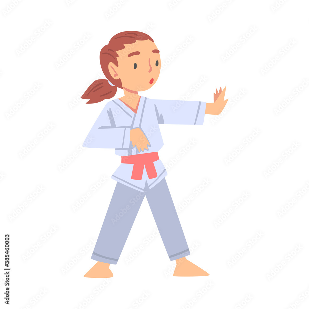 Girl Practicing Karate Martial Art, Kid Doing Sports, Healthy Lifestyle Concept Cartoon Style Vector Illustration Girl Practicing Karate Martial Art, Kid Doing Sports, Healthy Lifestyle Concept Cartoon Style Vector Illustration