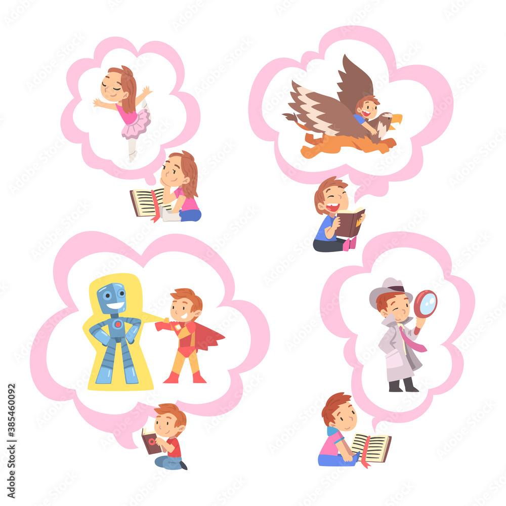 Children Reading Fairy Tail Fantasy Books about Griffin, Superhero, Detective, Kids Imagination Concept, Fairy Tales, Stories, Discoveries Cartoon Style Vector Illustration Children Reading Fairy Tail Fantasy Books about Griffin, Superhero, Detective, Kids Imagination Concept, Fairy Tales, Stories, Discoveries Cartoon Style Vector Illustration