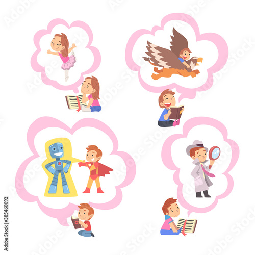 Children Reading Fairy Tail Fantasy Books about Griffin, Superhero, Detective, Kids Imagination Concept, Fairy Tales, Stories, Discoveries Cartoon Style Vector Illustration