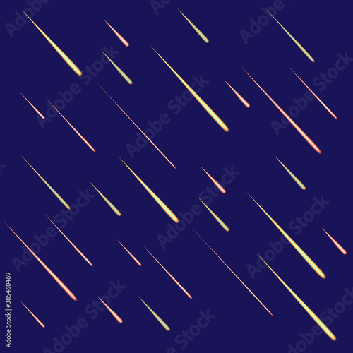 Vector Meteor Rain Background Template, Glowing Motion Lights on Dark Blue Background.