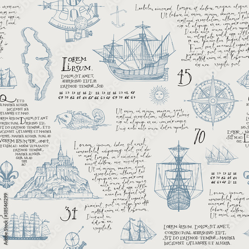 Old manuscript with hand-drawn Islands, sailboats, wind rose and handwritten latin text Lorem ipsum in vintage style. Vector seamless pattern on the theme of travel, adventure and discovery