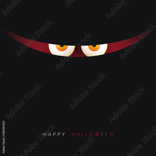 Happy Halloween Card Template - Creepy Face with Glowing Eyes in the Dark - Vector Illustration