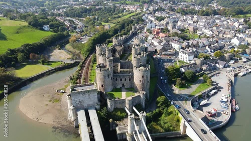 Medieval Conwy castle aerial view above historic Welsh town