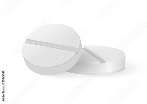Pill. White medicine tablet. Round vector 3D drugs with shadow. Circle vitamin realistic illustration.