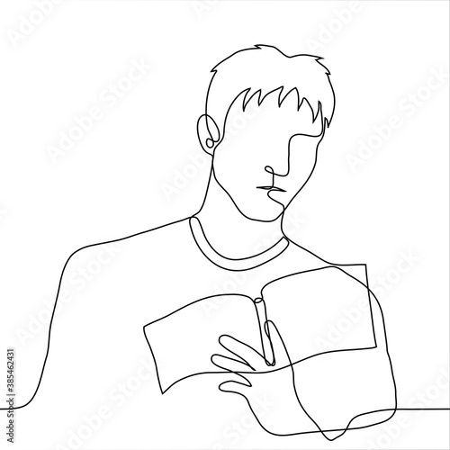 young man holds and reads a book. one line drawing book / notepad / diary reader