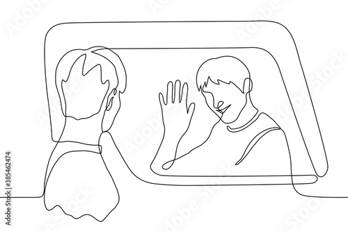 man smiles and waves his hand from the car window, another man looks at him. one line drawing concept of goodbye or greeting, departure, arrival, celebrity cheers to fan