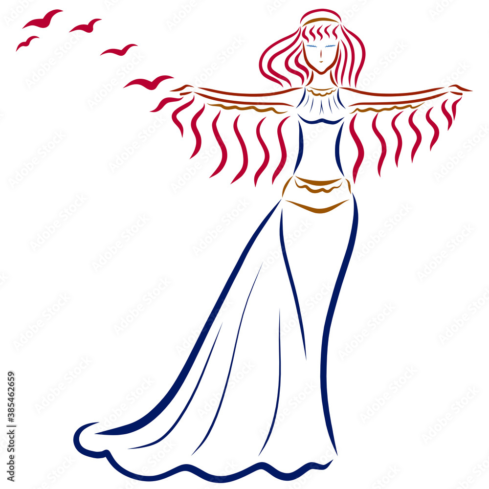 beautiful winged lady stands, arms outstretched to the side, birds fly from her beautiful winged lady stands, arms outstretched to the side, birds fly from her