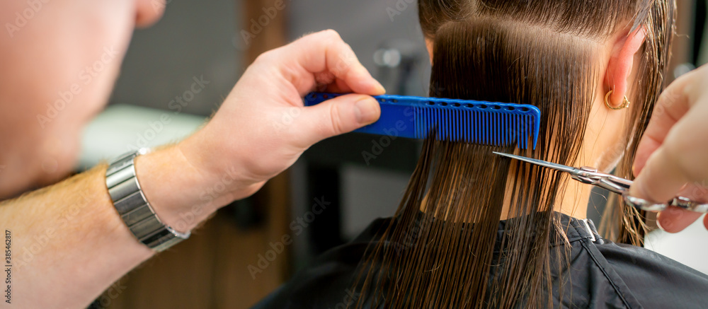 Fototapeta premium Close up of hands of male hairdresser cutting long hair of young woman holding scissors and comb at the salon. Rear view