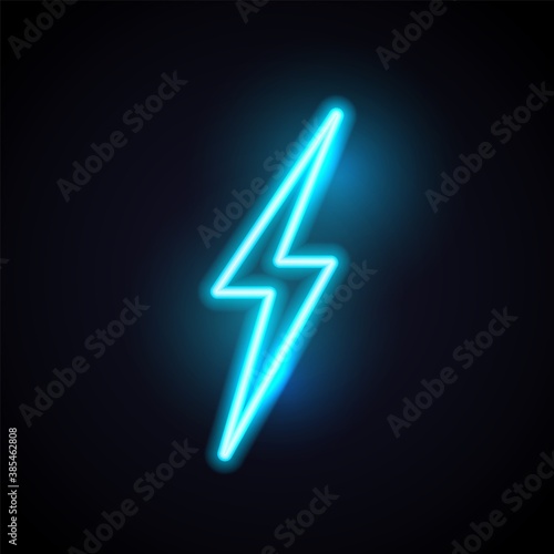 Lightening neon bolt. Vector retro flash light. Electric thunder 80s style concept