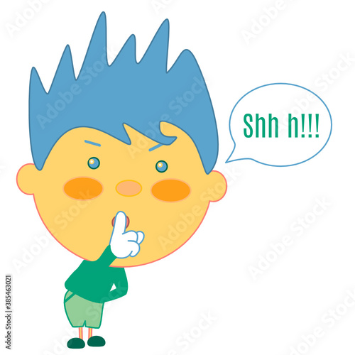 emoji with chibi character shushing Shhh to tell people to shut up and be quiet to keep silence, man using finger on mouth gesture to stop ppl talking, vector emoticon on white isolated background